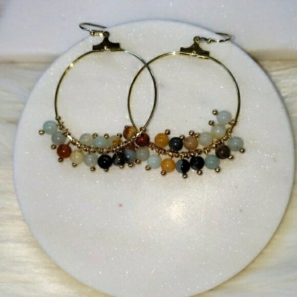 New Natural Stone Gold Earrings Hoops - Picture 3 of 4